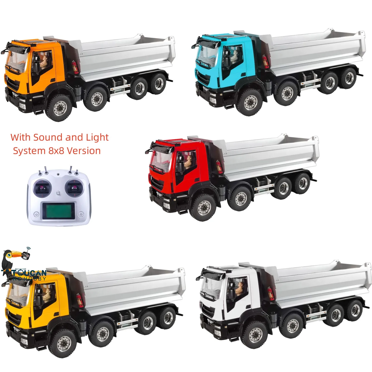 

Toys 1/14 8x8 RC Hydraulic Dump Truck Metal Radio Control Tipper Car Sound Light Finished Painted Vehicle for Boys Gift TH23656