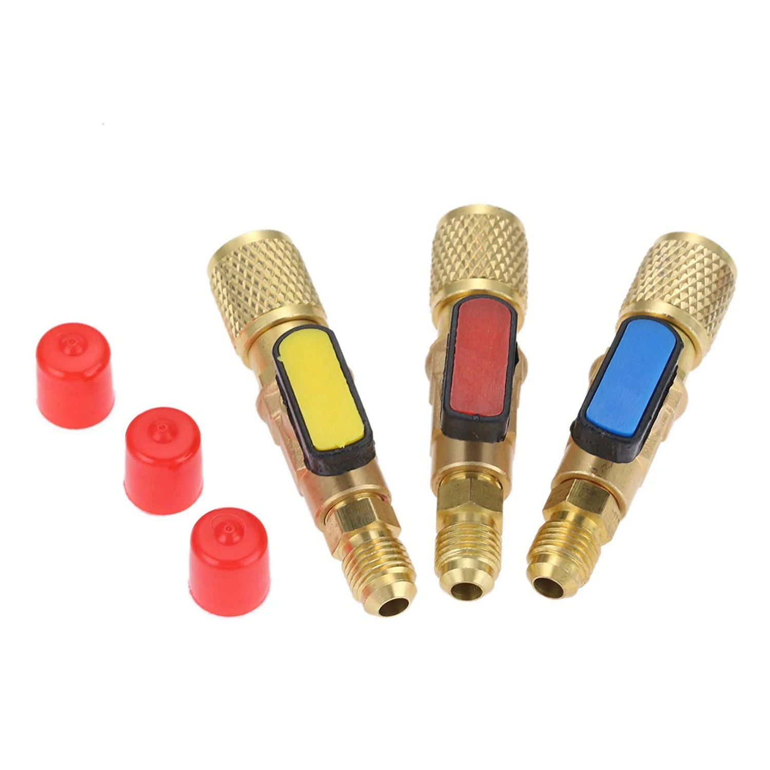 ABZV-3Pcs/Set Brass R410A Refrigerant Straight Ball Valves AC Charging Hoses Brass 1/4 inch Male To 1/4 inch / 5/16 Female