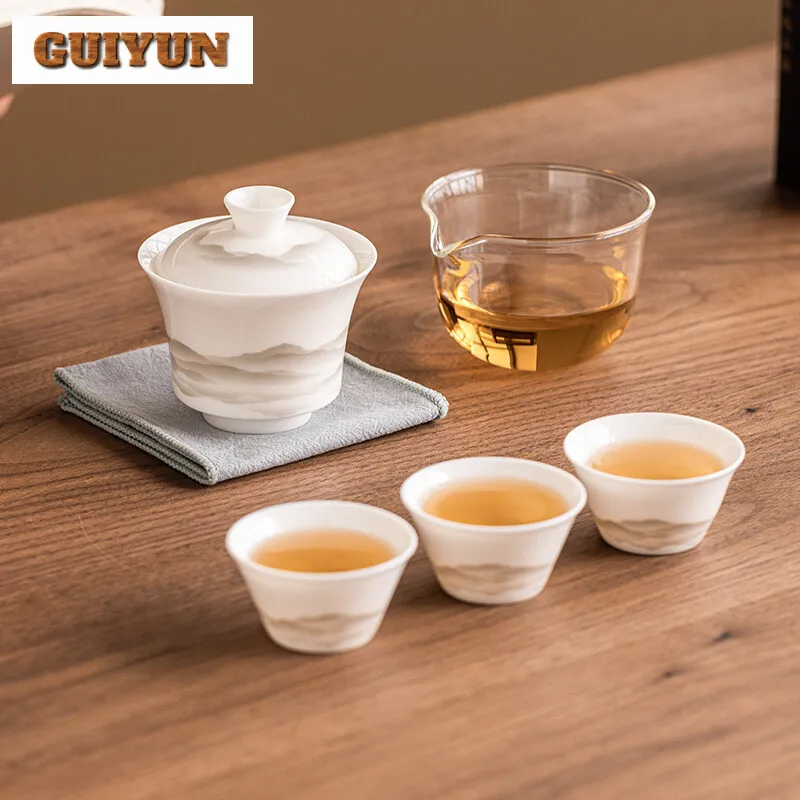 Sheep Fat Jade Ink Landscape Travel Tea Set Kit Creative 1 Pot 3 Cups Tea Maker Camping Outdoor Portable Handbag Items Craft