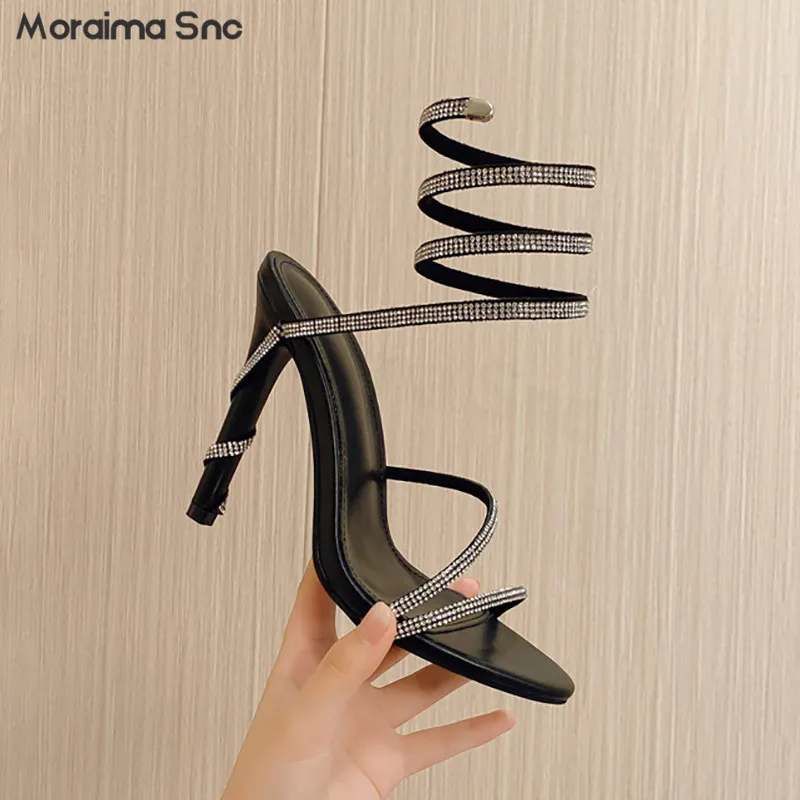 

Rhinestone Snake-Shaped Winding Sandals New Summer Round Head Stiletto Sexy Sandals Temperament High-Heeled Shoes Woman's Shoes