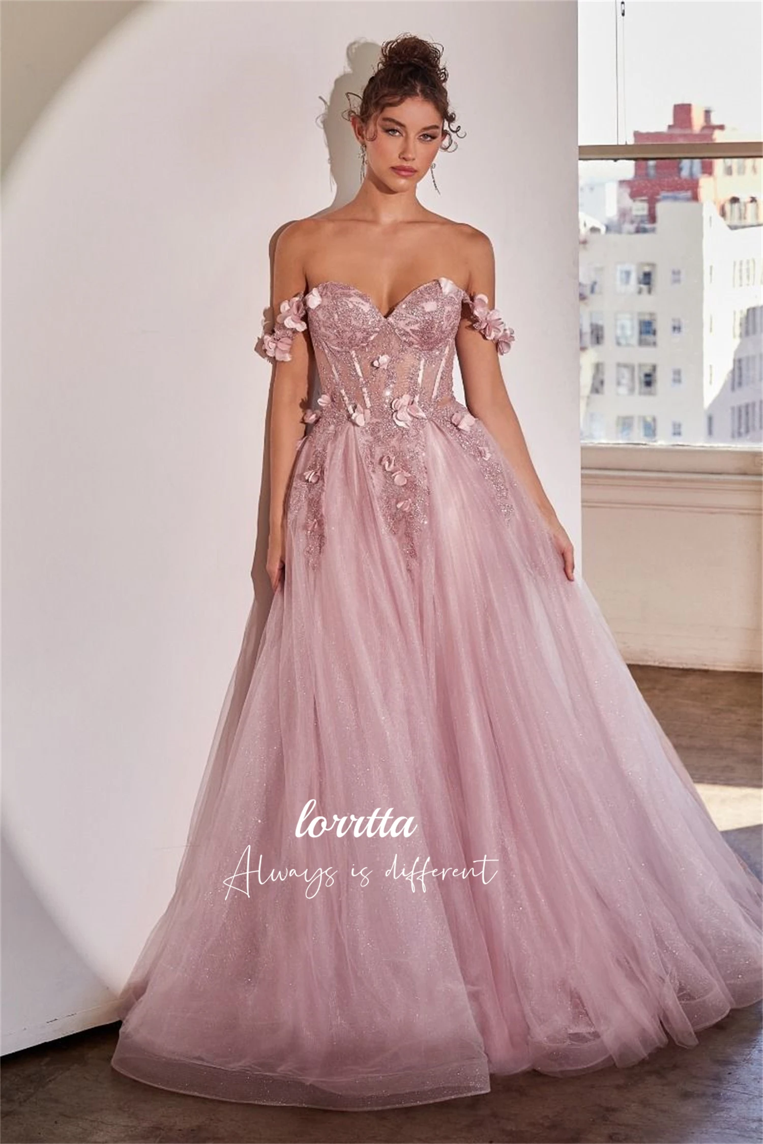

Lorrtta Bridesmaid Dress 3D Decals Wedding Party Graduation Gown Line A Shiny Mesh Prom Dresses 2024 Robe De Soiree Femmes Long