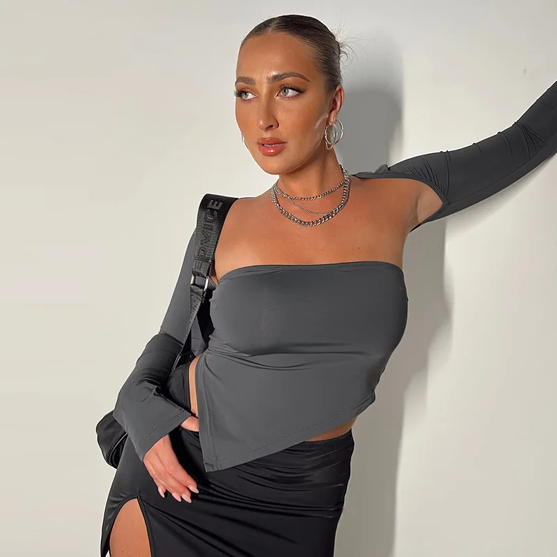 

Y2K Solid Sexy T Shirts Two Piece Sets Women's Long Sleeve Shawl and Irregular Strapless Tube Tops Summer Spring 2023