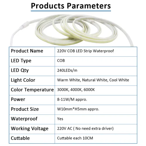 AC220V COB LED Strip Light IP67 Waterproof Flexible Ribbon 2Pin Wire/EU Plug Tape Lamp 3000K/4000K/6000K Outdoor Linear Lighting - Image 5