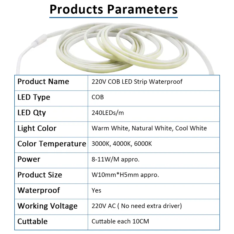 AC220V COB LED Strip Light IP67 Waterproof Flexible Ribbon 2Pin Wire/EU Plug Tape Lamp 3000K/4000K/6000K Outdoor Linear Lighting - Image 5