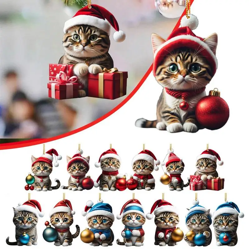 Cartoon Cute Cat Christmas Tree Pendants 2D Acrylic Hanging Ornaments Home Party Christmas Decoration Navidad New Year Gift christmas decorations,acrylic crystal bead decor