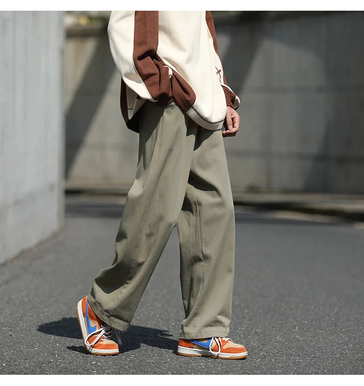 

Japanese Style City Boy Washed Cotton Casual Pants Mens Trend Straight Solid Color Wide Leg Pant Male Summer Streetwear Trousers