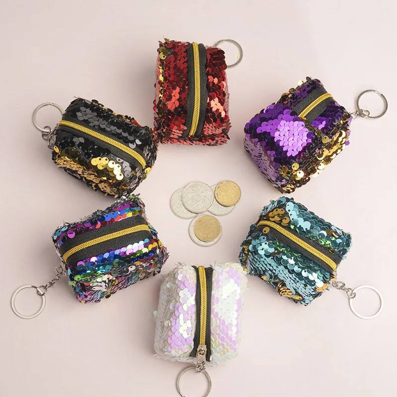 Cube Children's Coin Bag Change Color Sequins Mini Wallet Women Fashion Bling Mini Purse Sequin Bag Key Chain Pouch Small Gift
