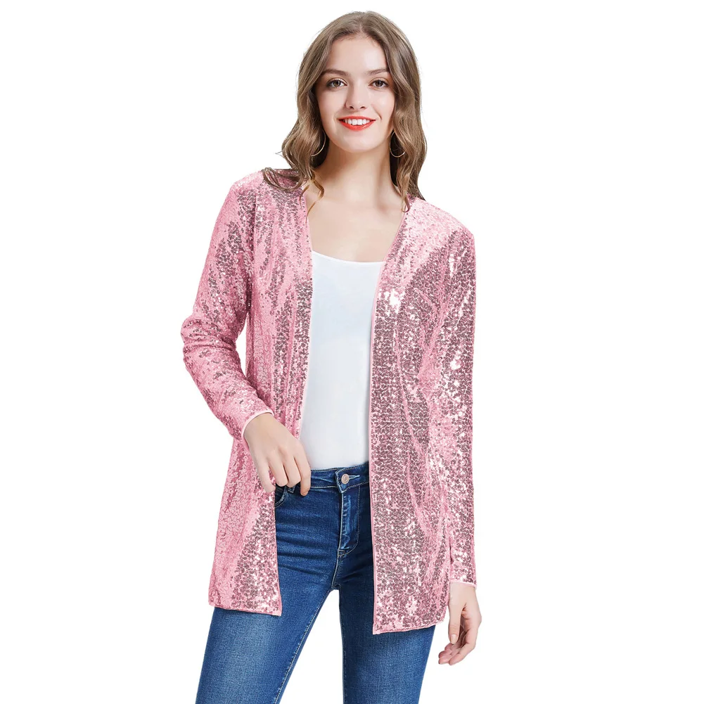 GK Women's Sequined Jacket Sparkle Long Sleeve Open Front Coat Office Lady Fashion Casual Party Jacket Outerwear Female Clothing