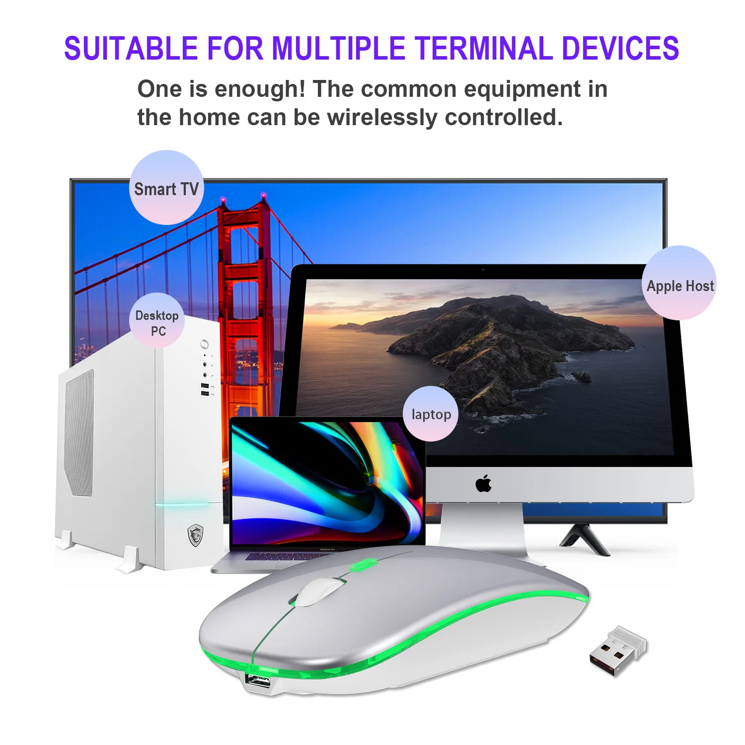 Ratón Inalámbrico Bluetooth Recargable Para MacBook Pro, Ratón Inalámbrico Bluetooth Para Ordenador Y Portátil, Blanco