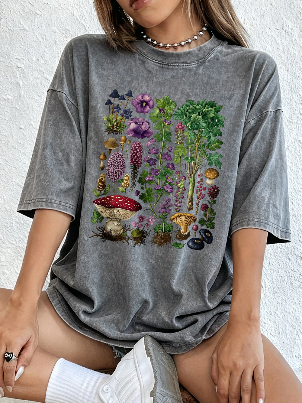 Floral & Mushroom Print Oversized Cotton T-Shirt - Women's Casual Summer Top