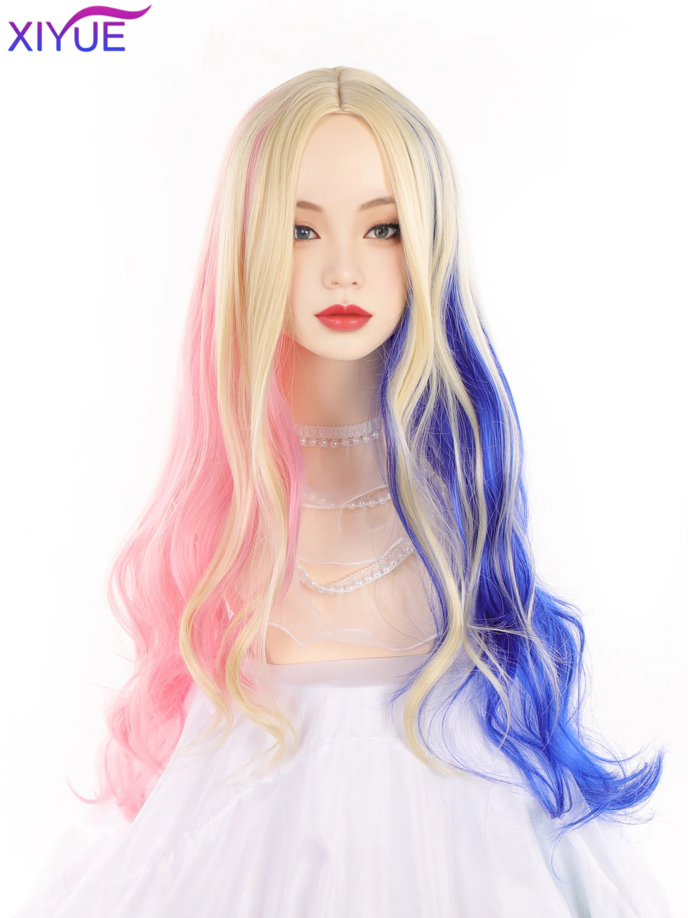 XIYUE Synthetic Long Wavy Rainbow Ombre Blonde Blue Red Wig with Bangs Lolita Cosplay Fluffy Women Hair Wig for Daily Party ﻿