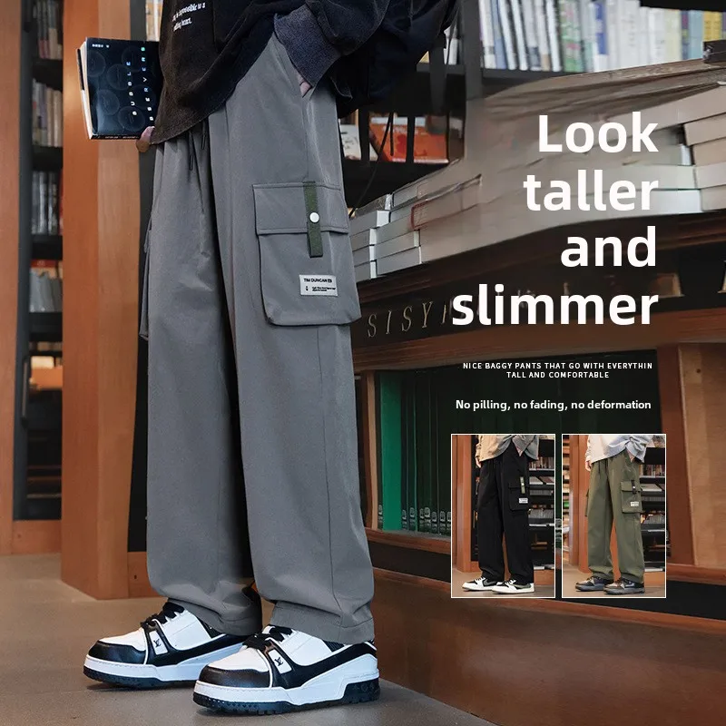 بنطال رياضي رجالي بقصة مستقيمة للركض للرياضة وملابس الشارع سراويل طويلة برباط كبيرة الحجم للرجال سراويل عمل متعددة الجيوب