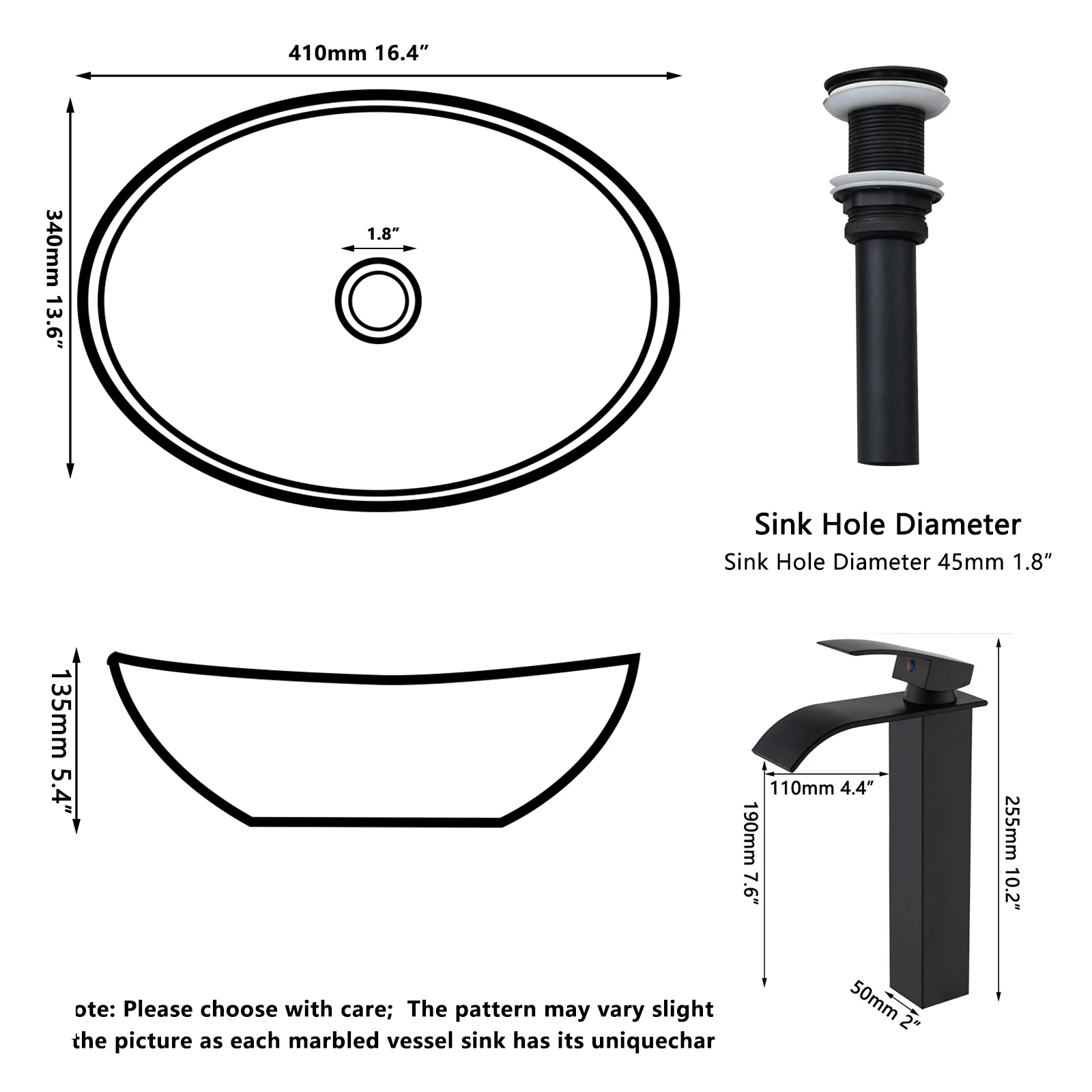 KEMAIDI Ceramic Vessel Sinks Oval Bathroom Sink Above Counter Vessel Sink with Faucet and Drain Combo 16 inch Marbling Vessel 6