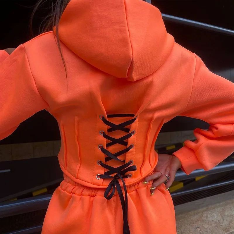 Warm Cropped Bandage Hooded Sweater Suits Women Fashion Chic Hoodies 2023 Autumn Female Streetwear Sports Outfit