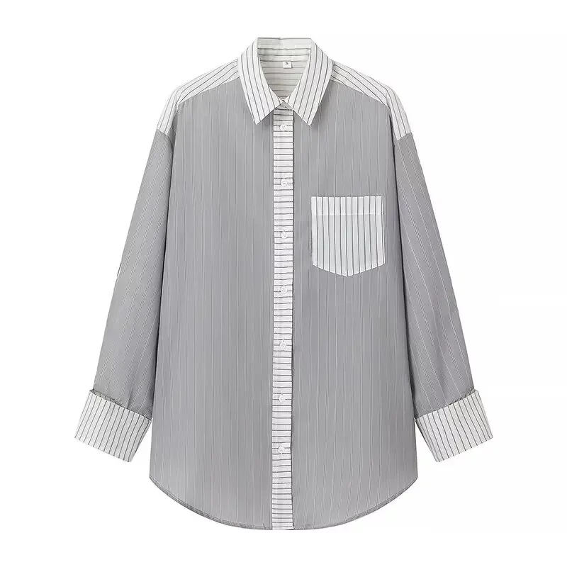 

Women's 2024 new fashion pocket decoration loose patchwork striped shirt retro long sleeved Button up women's shirt chic top
