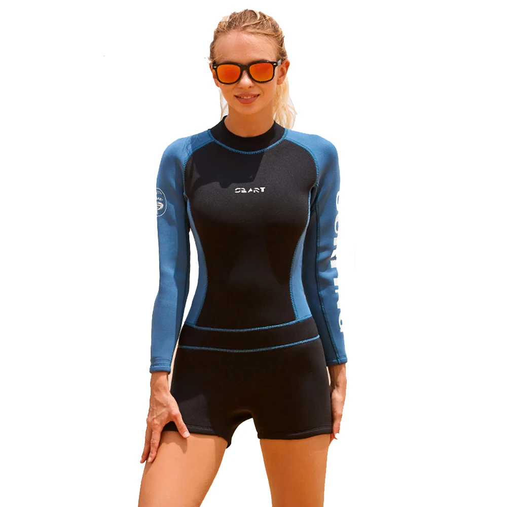 

New 2mm Women's Neoprene Diving Suit One Piece Long Sleeve Shorts Sun Protection Surfing Suit Back Zipper Water Sports Swimwear