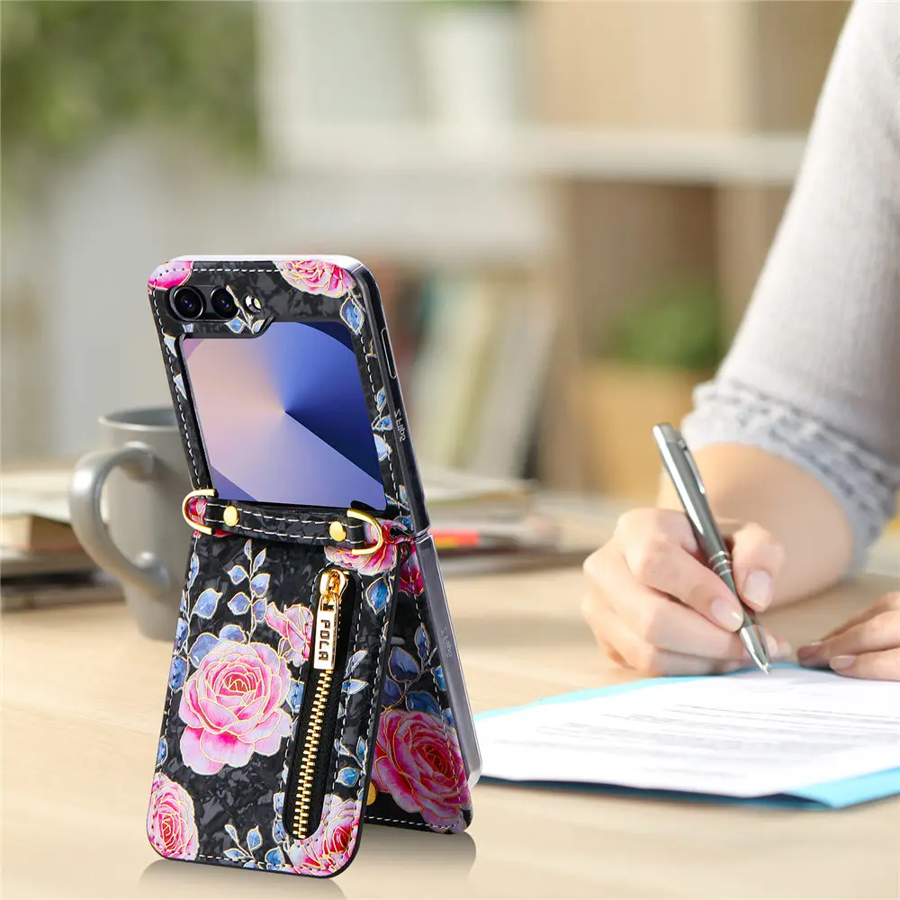 Floral Zipper Crossbody Wallet with Card Slots and Leather Lanyard Strap