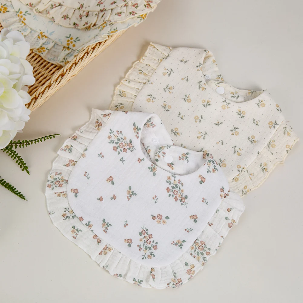 Flower Print Baby Bibs Adjustable Snap Saliva Towel Ruffled Edge Muslin Cotton Burp Cloths Girls Feeding Scarf