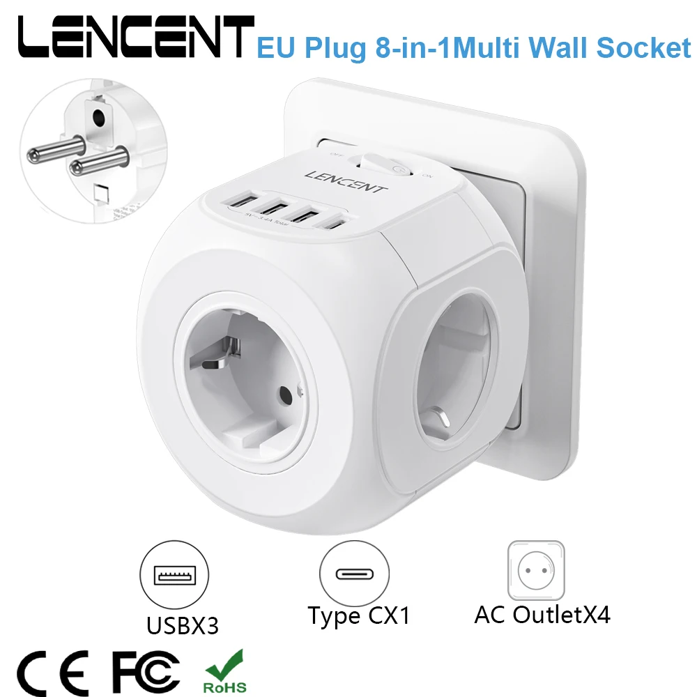 LENCENTProlongateurdeprisemuraleEUavec4prisesAC3USB1