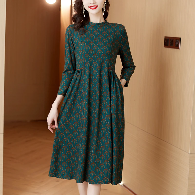 

Korean Luxury Printed Dress For Women's Autumn Retro Floral Bottom Skirt 2023 New Loose Fitting Holiday Party Vestidos