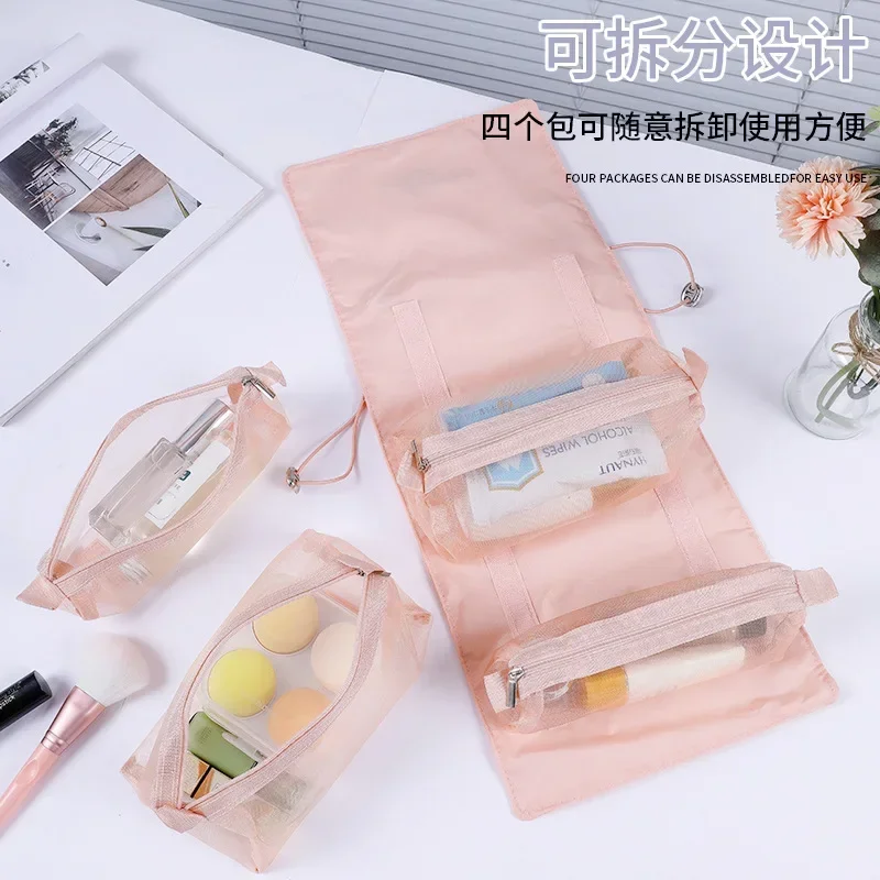 여성용 다기능 대용량 분리형 메이크업 가방, 지퍼 메쉬 화장품 파우치, 접이식 휴대용 여행 워시 보관 가방