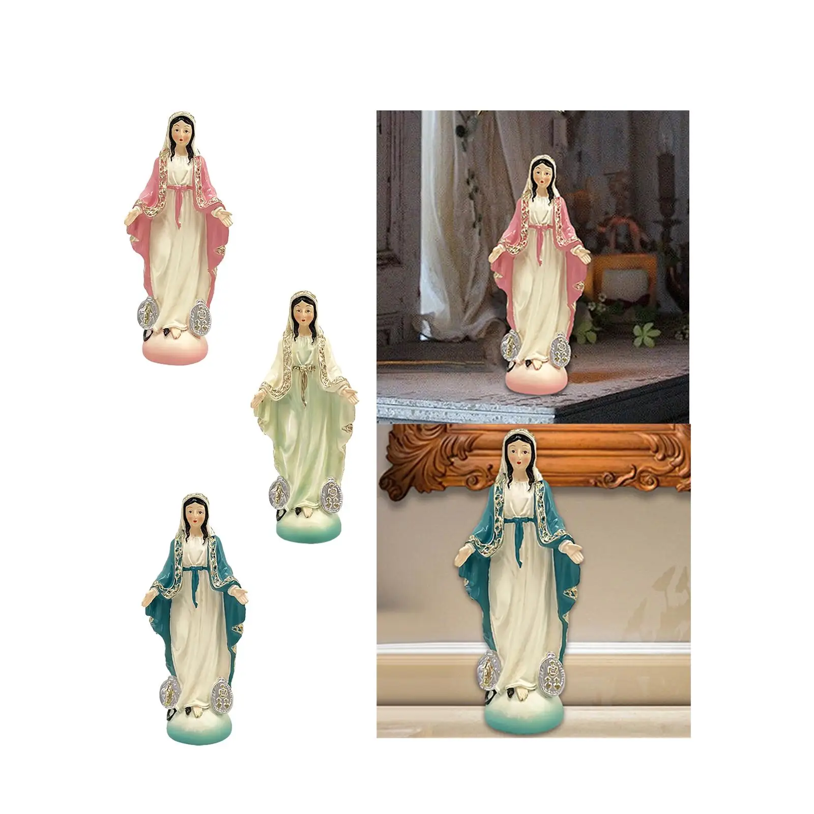 Catholic Virgin Mary Figurine Sculpture Hand Painted Handmade Tabletop Collection Resin Craft Desk Ornament 4.8inch Tall