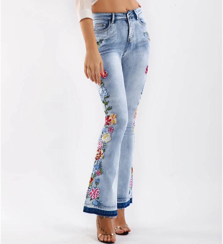 

Повседневные облегающие джинсы TEELYNN с цветочной вышивкой, женские летние винтажные хлопковые джинсовые брюки с высокой талией, женские расклешенные брюки в стиле бохо