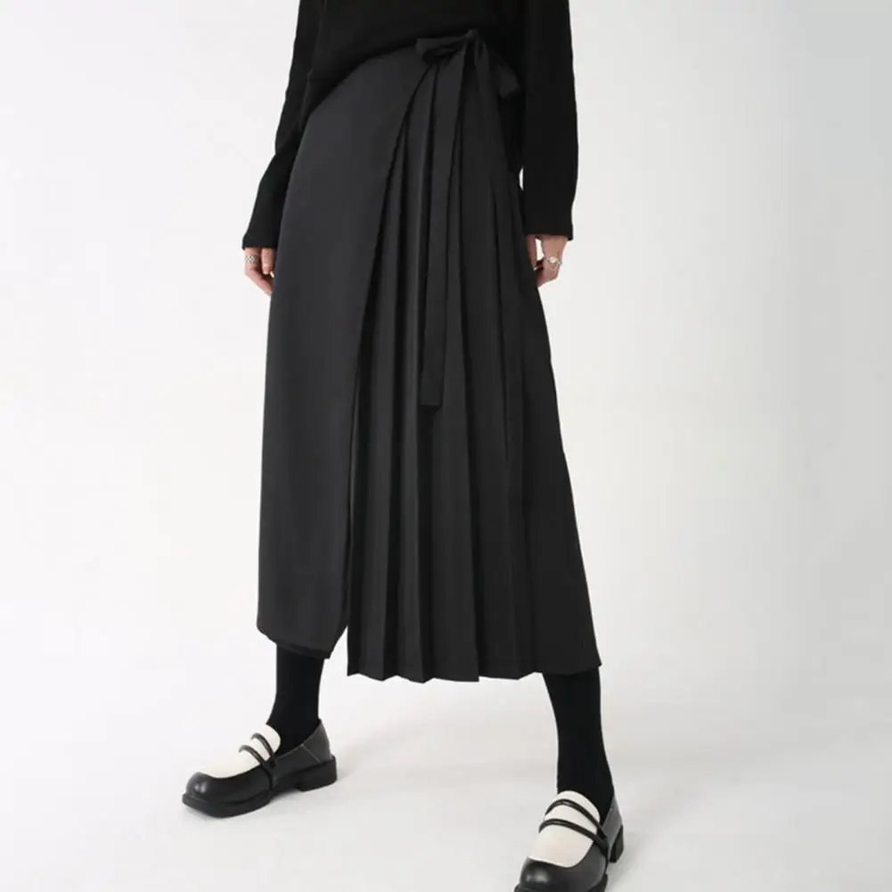 Women Culottes Black Pleated Fake Two-piece Irregular Trousers Highstreet Loose Wide Leg Casual Individual Mid-calf Length Pants