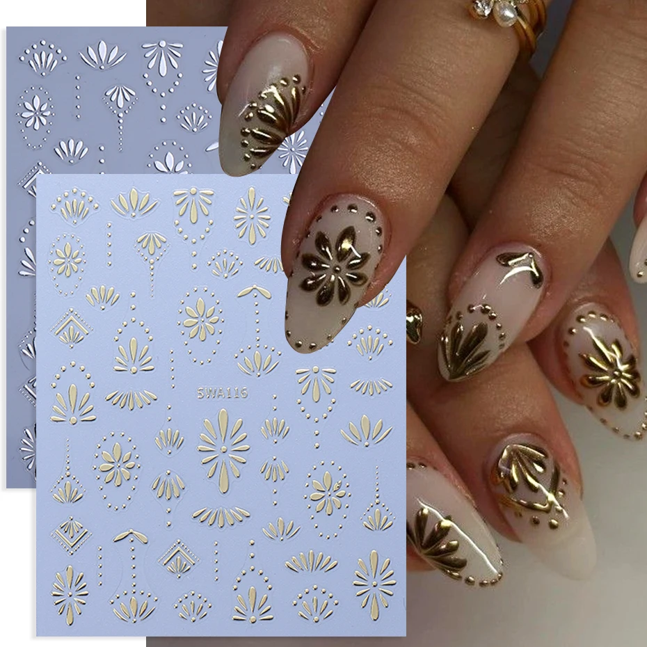 3pcs Bohemian Style Nail Stickers Gold Silver Blue Flower Petals Line Self-Adhesive Boho Nail Decals DIY Manicure Sliders Decor