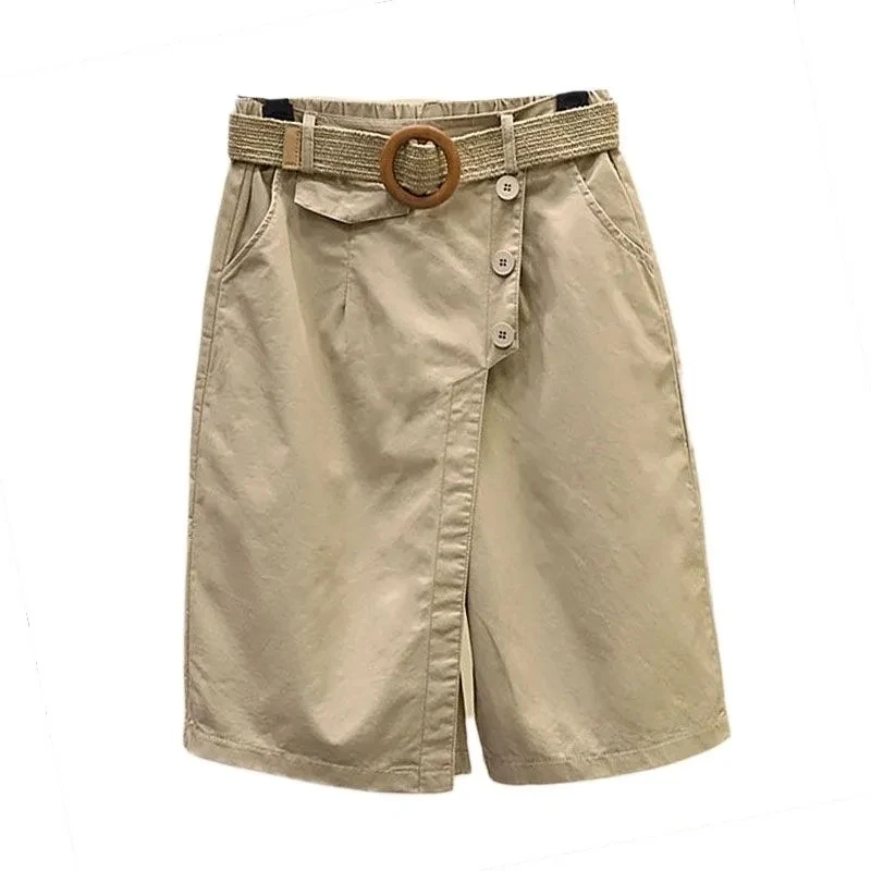 Women Pants Skirt for Shorts Summer Wide Leg Blue High Waist Straight-legged  Pockets Woman Short Black Korean Fashion Culotte