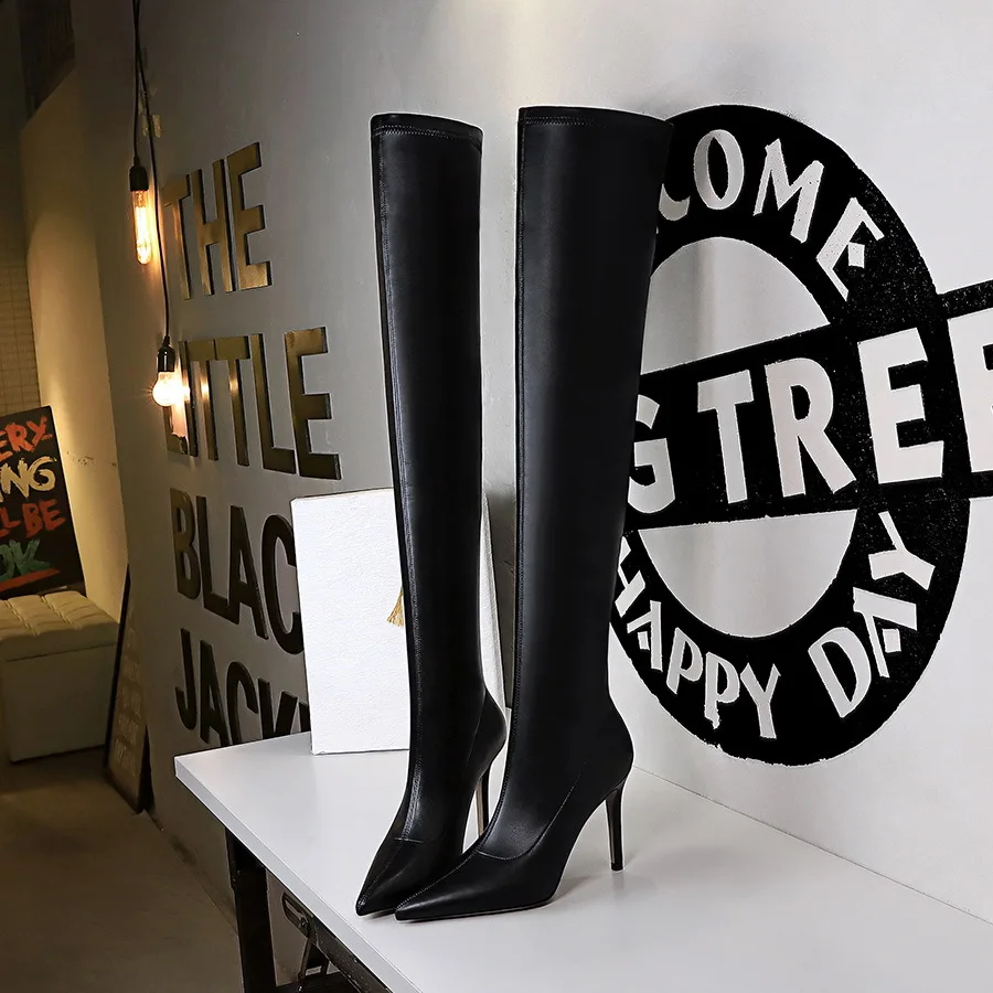 

Sexy Stretch Skinny Chelsea Over Knee Boots Vintage Pointed Heel Sleeve Plus Size Women's Boots For Nightclub Party Dance 34&43