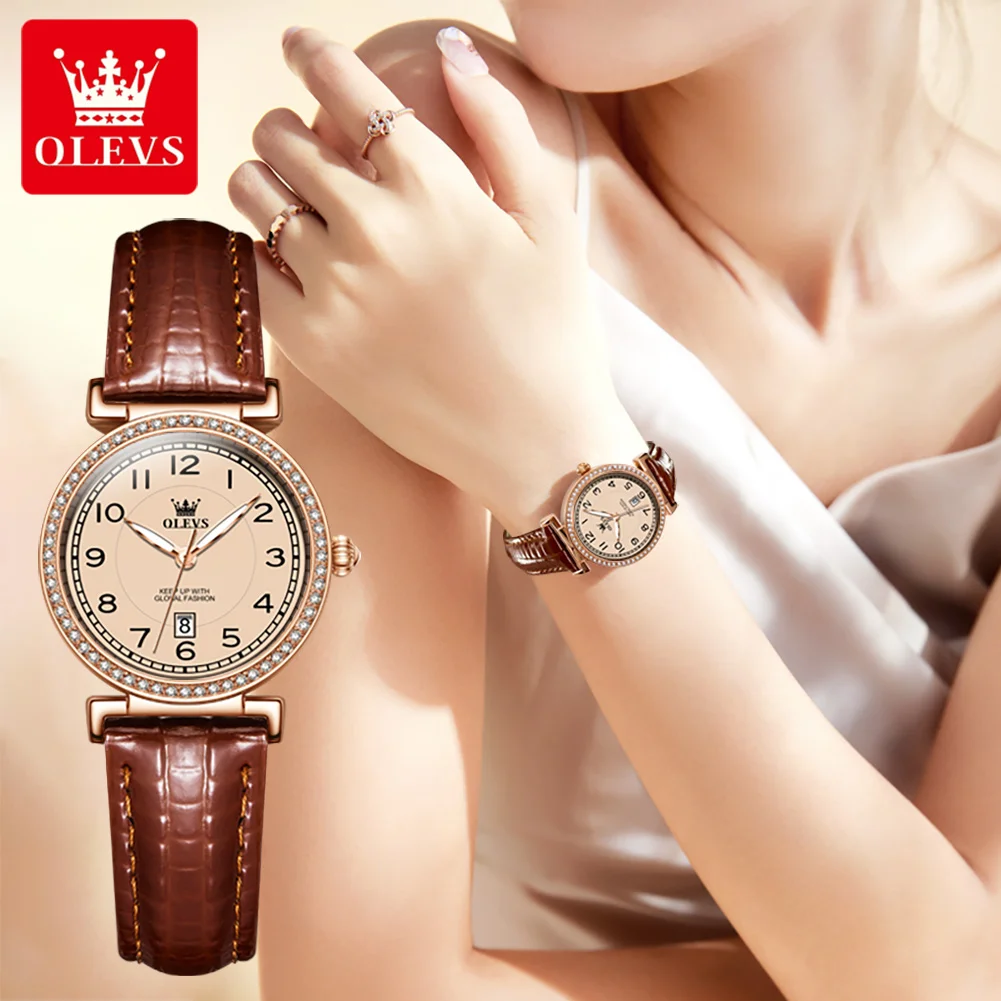 OLEVS 2024 New Fashion Womens Watches Top Brand Luxury Leather Strap Waterproof Calendar Diamond  Quartz Watch Relogio Feminino