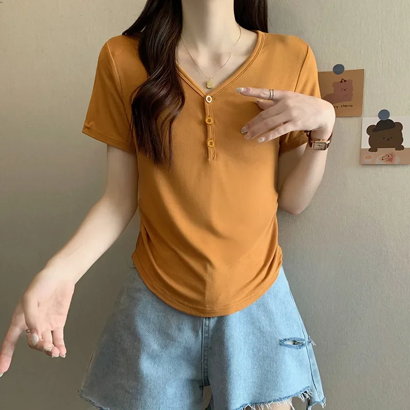 

Summer 2023 new large size womens chic fashion V-neck short-sleeved t-shirt fat mm fit thin belly blouse trend gray22