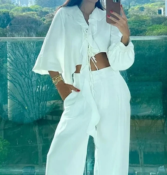Two Piece Set Women Outfit Summer Fashion Irregular Ruffle Collar Tie Up Solid Color Crop Top & Casual Wide Leg Daily Pants Set