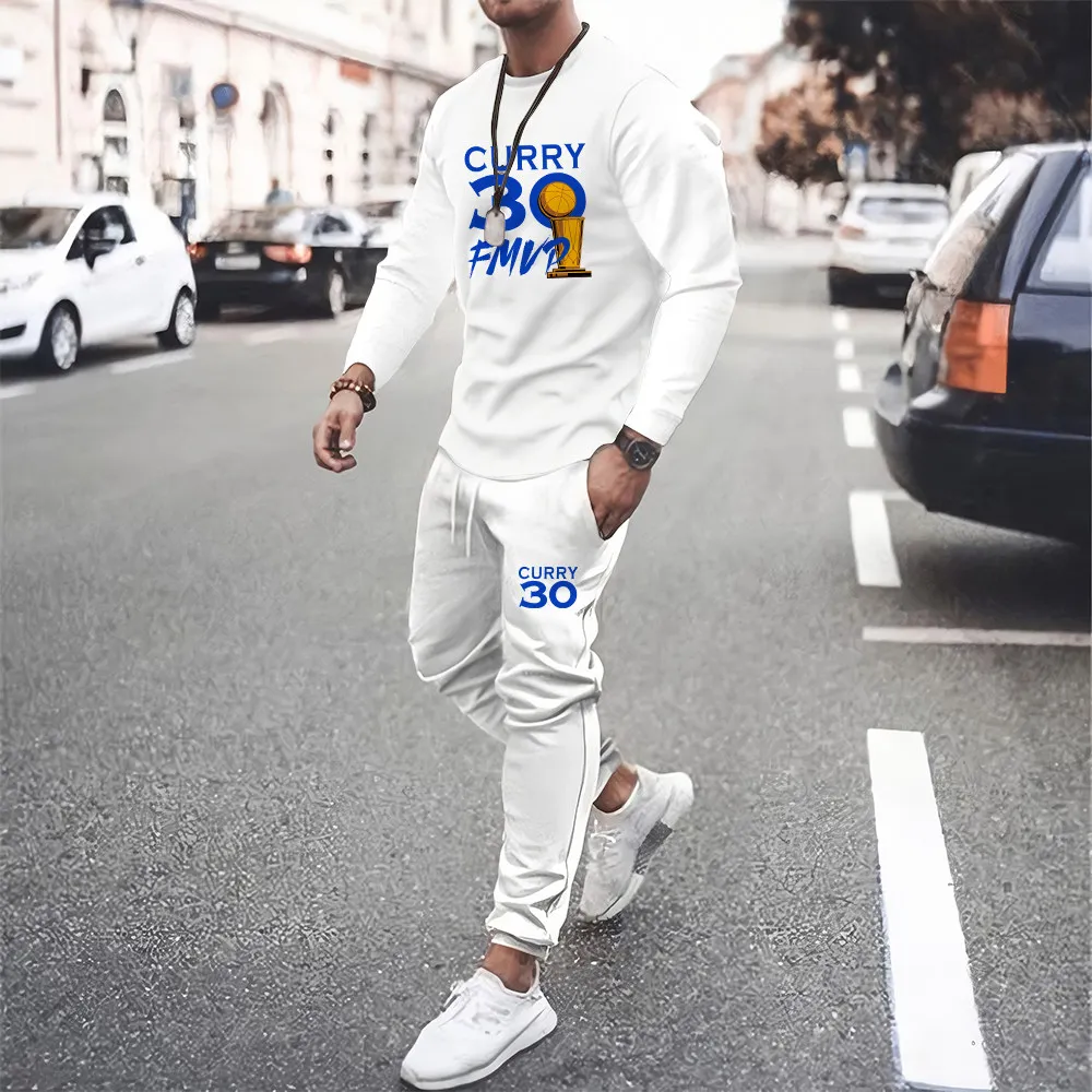 Golden State Warriors Men Long Sleeved Suit Curry 30 Basketball T-Shirt  Pants 2 Piece Sweatshirt Casual Trend Tracksuits
