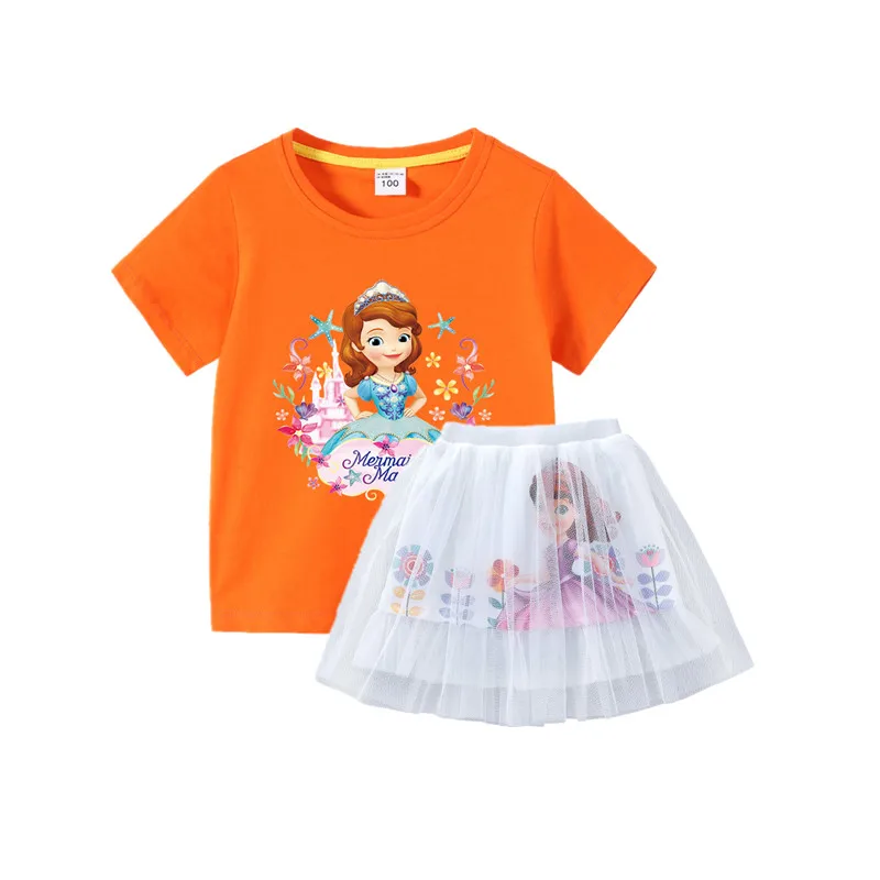 Summer Kids Clothes Sofia Princess Shirt&mesh Tutu Skirt Two Piece Korean Fashion Little Girls Outfits Set Pretty Party Clothing baby outfit sets girl Clothing Sets