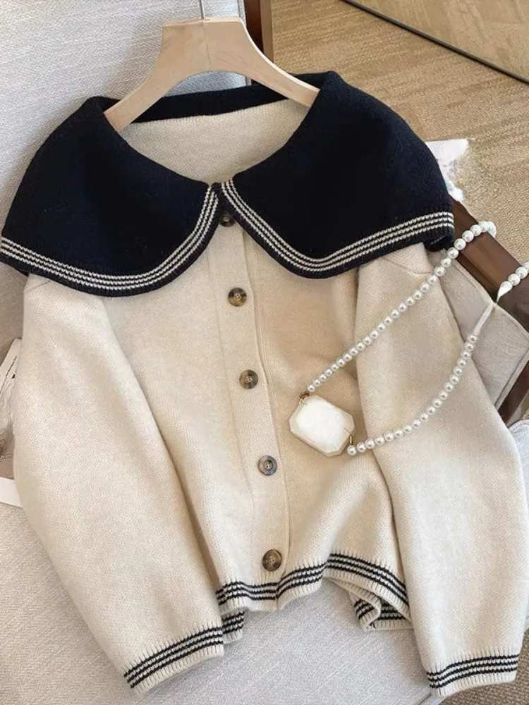 Y2K Women Clothing Tempetament Cardigan Jackets Korean Pull Femme Sweet Peter Pan Collar Loose Knitted Sweater 2025 Sueter Mujer 2