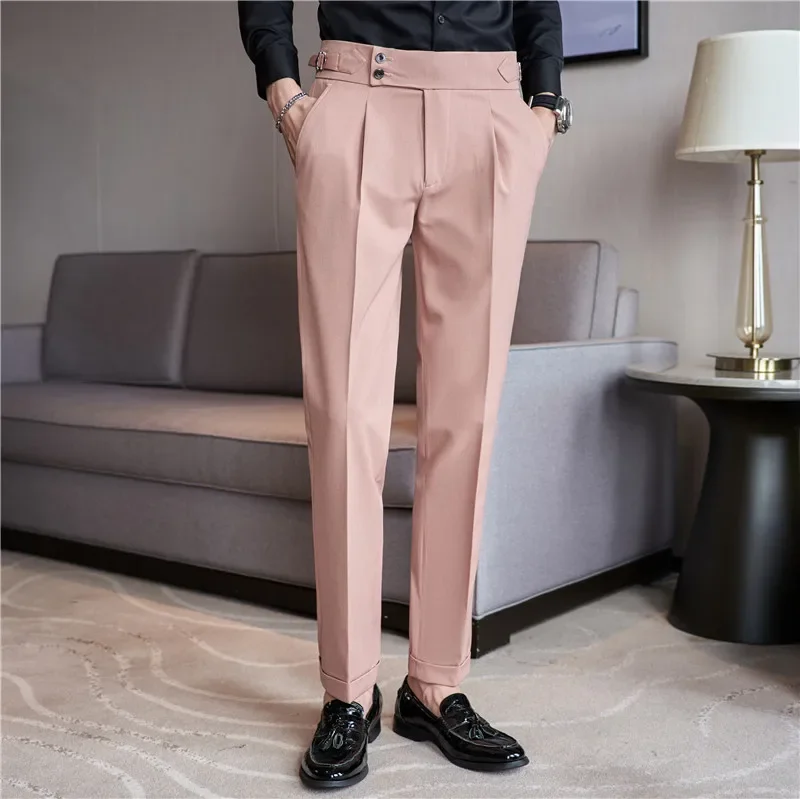 High Waist Suit Pants Men Trousers 2024 Autumn British Style Stretch Slim Pantalone Hombre Solid Casual Dress Pants Men Clothing