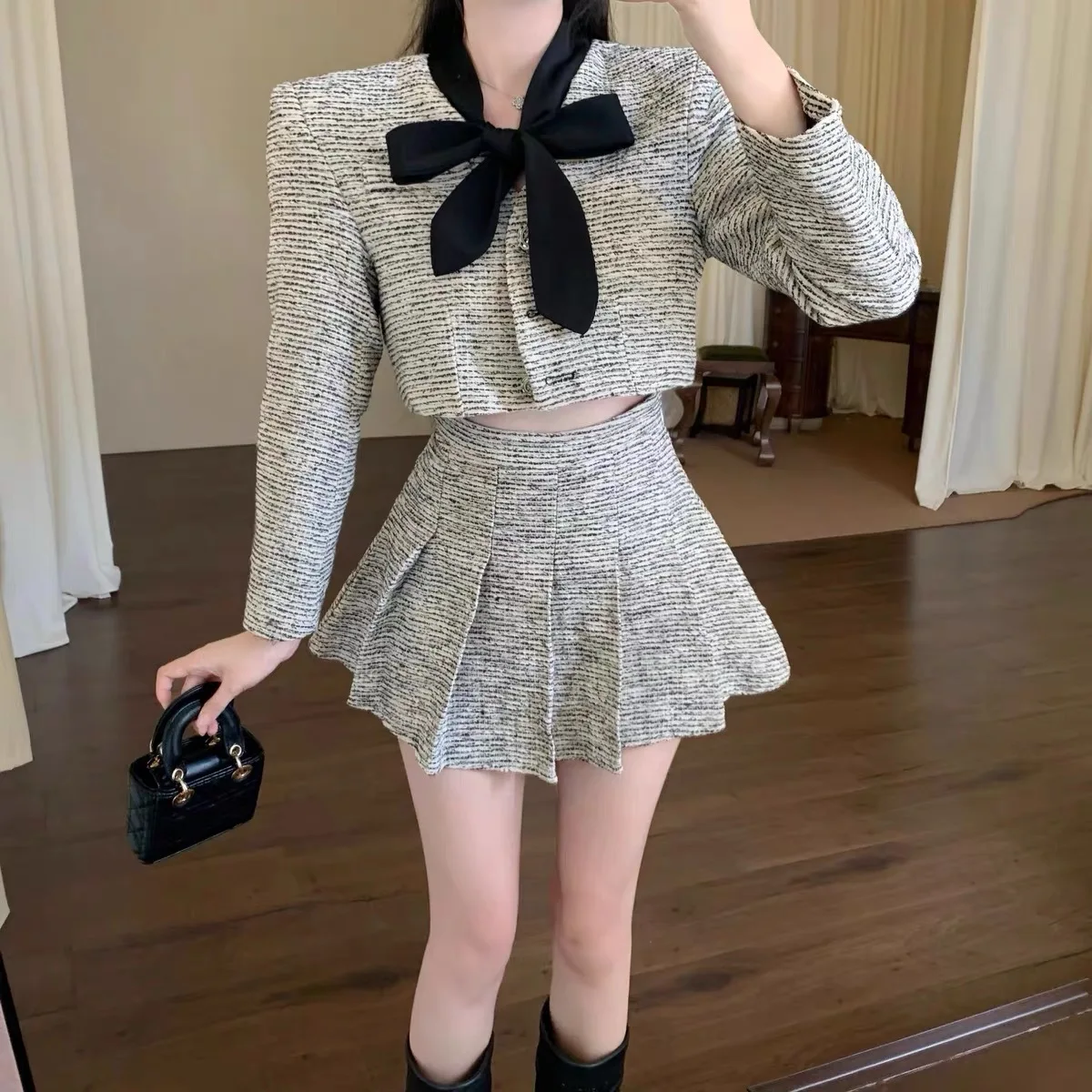 

UNXX French Socialite Chic Set, Autumn Winter New Plaid Short Blazer + Pleated Skirt 2 Piece High Quality Affordable Suit Set