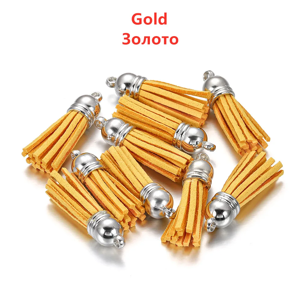 Elegant Leather Tassel Charms with Gold and Silver Caps - Set of 20 for DIY Jewelry and Keychain Crafts