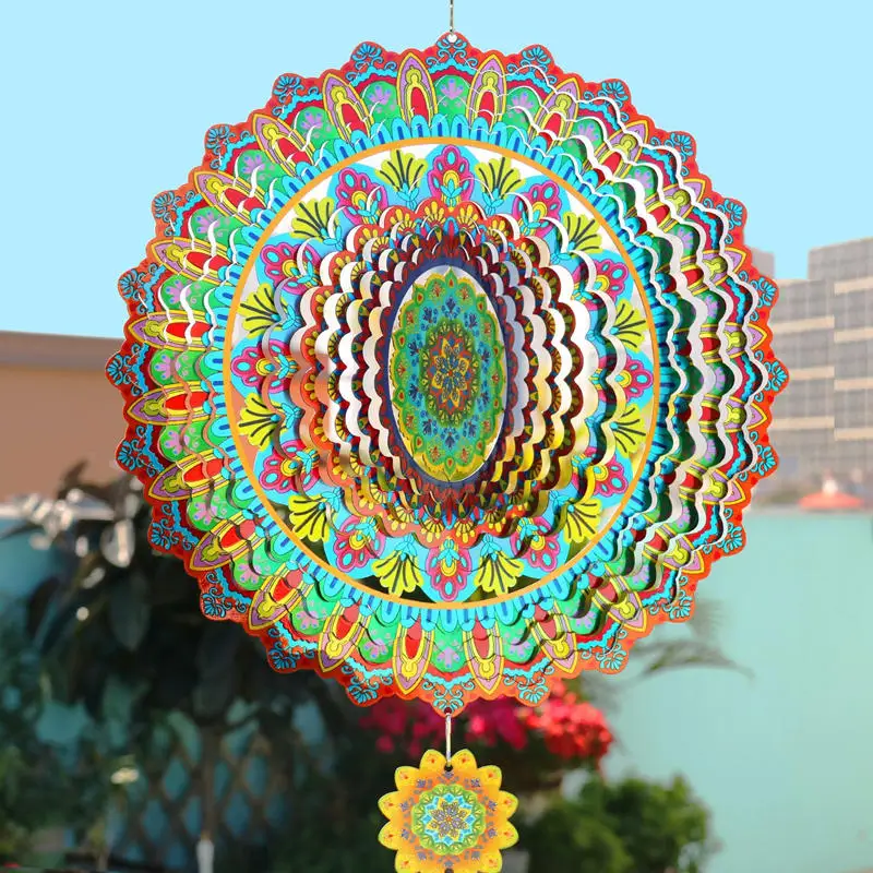 Wind Spinner Mandala Hanging Decor for Outdoor Yard and Garden Kinetic Sculpture Metal 3d Flower Chime Ramadan Patio Ornaments 3
