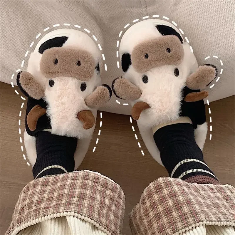 2024 Winter Warm Milk Cow Women Slippers Men Cute Soft Plush Sandals Adults Lovely Non-slip Flip Flops Couples Home Flat Slides 4