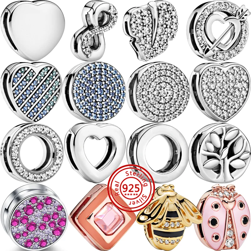 925 Sterling Silver Beads Pavé Clear Zircone Heart Round Letter Clip Charm Fit Original Pandora Reflexions Bracciale Gioielli Da Donna