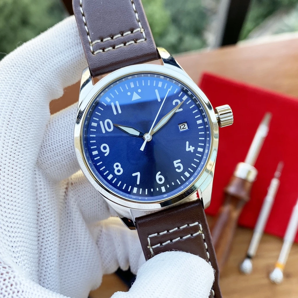 

mens automatic mechanical watch Pilot black blue leather