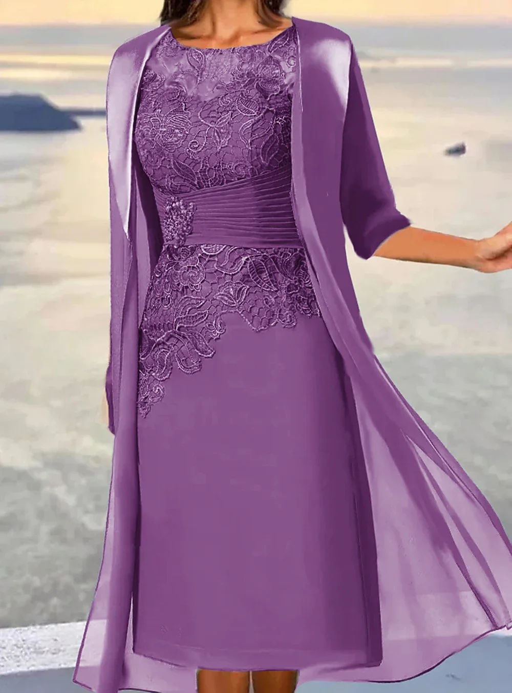 Mother Of the Bride Dresses Midi Dusty Blue Length Sleeve Floral Embroidered Layered Ruched Fall Crew Neck Elegant Mature mother bride dresses