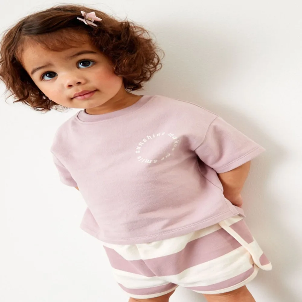 2Pcs Summer Set Tracksuit Kids Purple Clothes Sets Baby Girls Cartoon Sunshine Children Tops+Pants Clothes Cotton