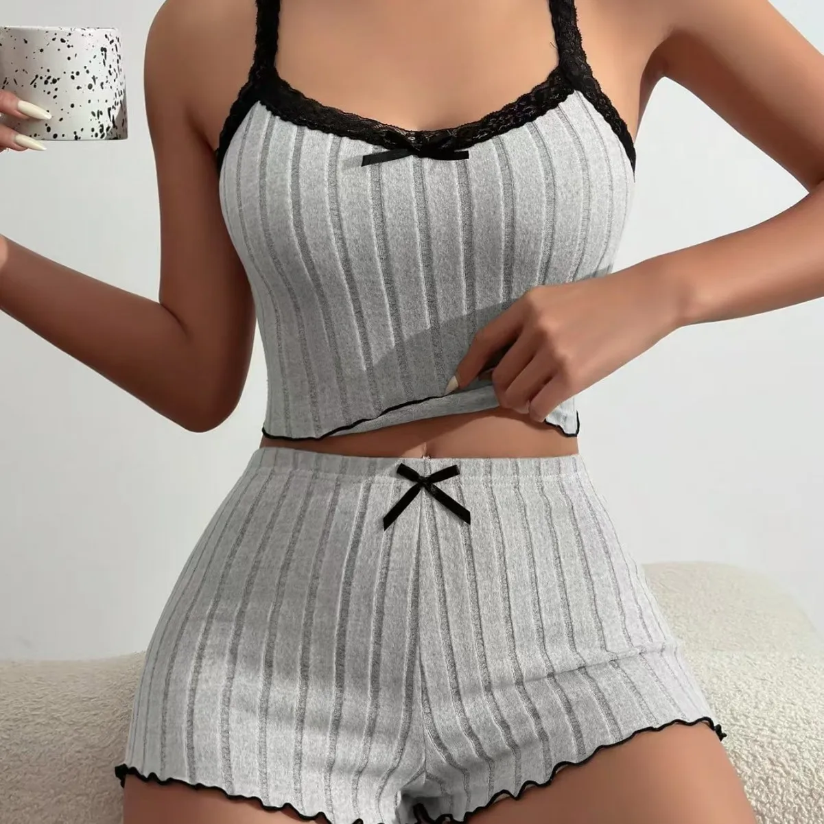 Autumn Winter Long Sleeve Lace up Trousers Two Piece Pajamas Knitted Sunken Stripe Ladies Homewear main image 1