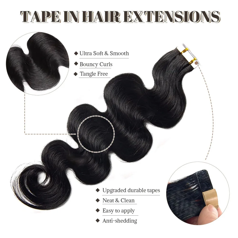 Tape in Hair Extensions Human Hair Body Wave Brazilian Natural Human Extensions Invisible Seamless Natural Black Tape ins
