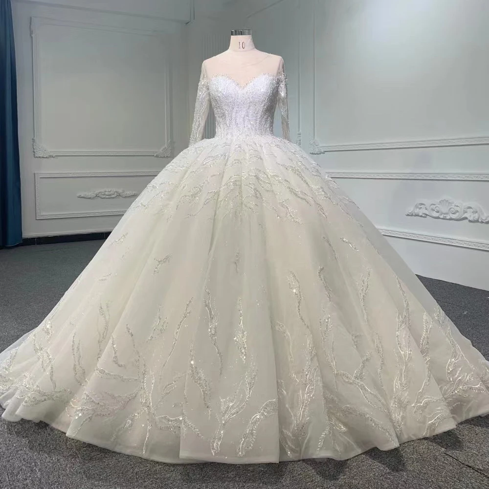 

GiayMus Elegant Plus Size White Ball Gown Tulle Wedding Dresses with Long Sleeve Dubai Lace Sequin Queen 2024 Bride Dress B202