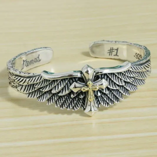 

Fashion Handsome Sterling Silver Cross Angel Wings Bracelet Fashion Brand Graffiti Bracelet Men's Punk Cool Silver Jewelry